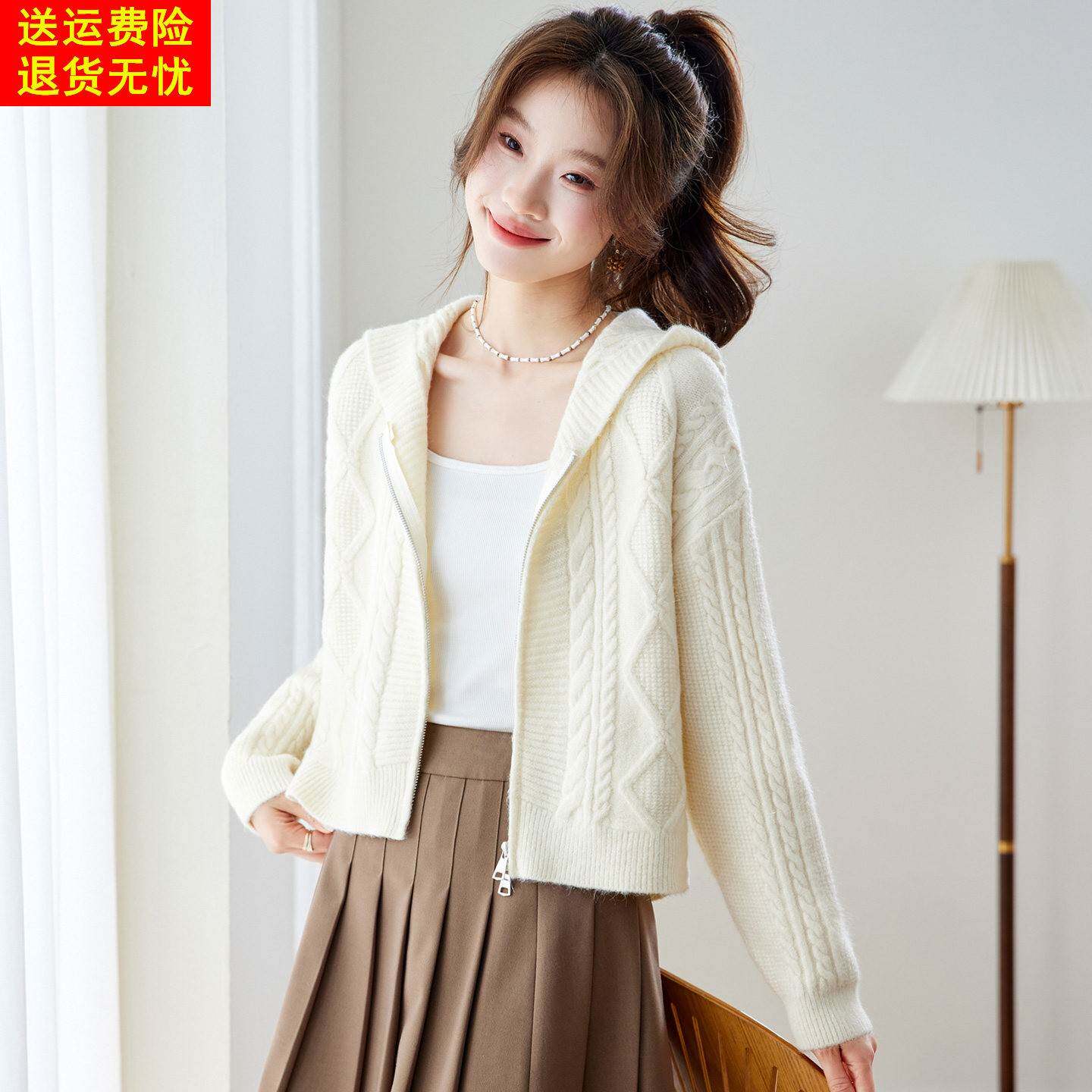 今年流行爆款连帽拉链针织开衫女2026春季新款短款显瘦小个子外套