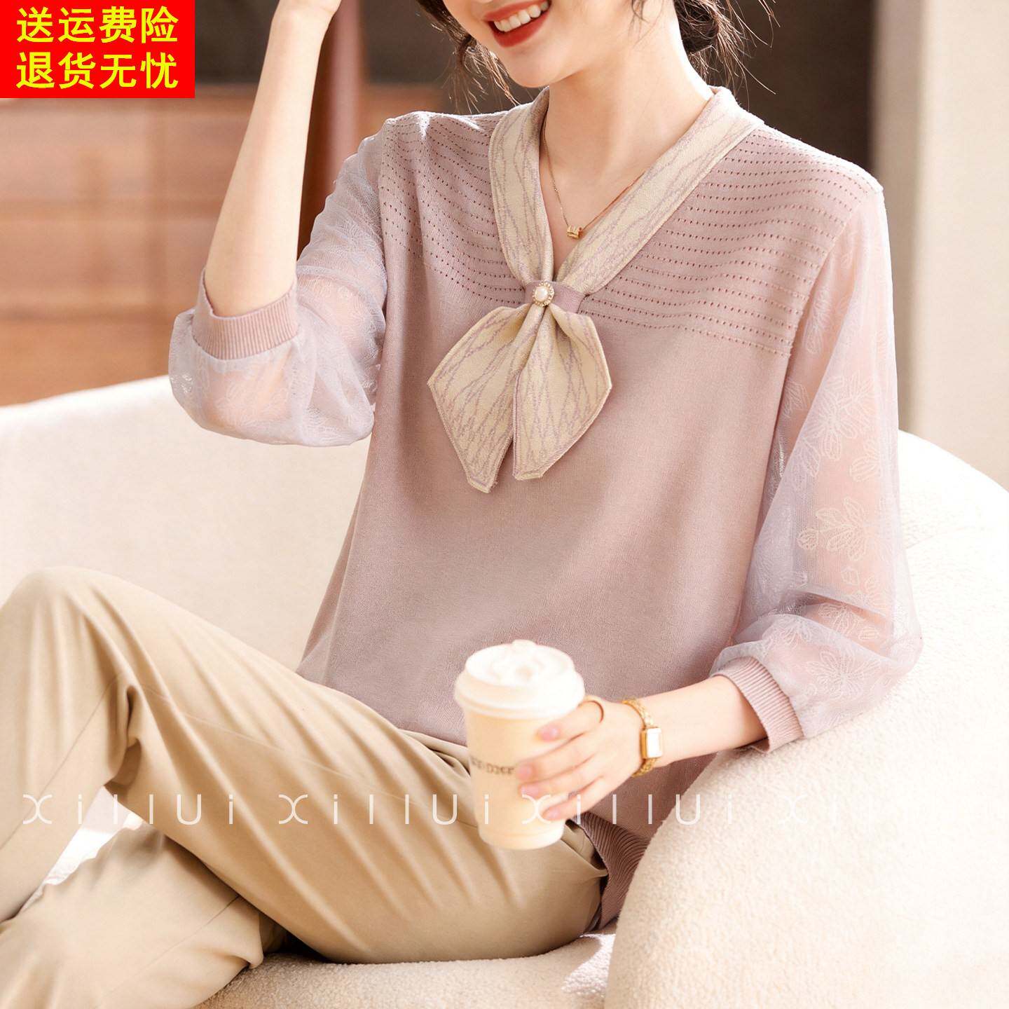 喜卉妈妈春装薄款纱袖针织上衣中老年女装春季洋气减龄七分袖T恤