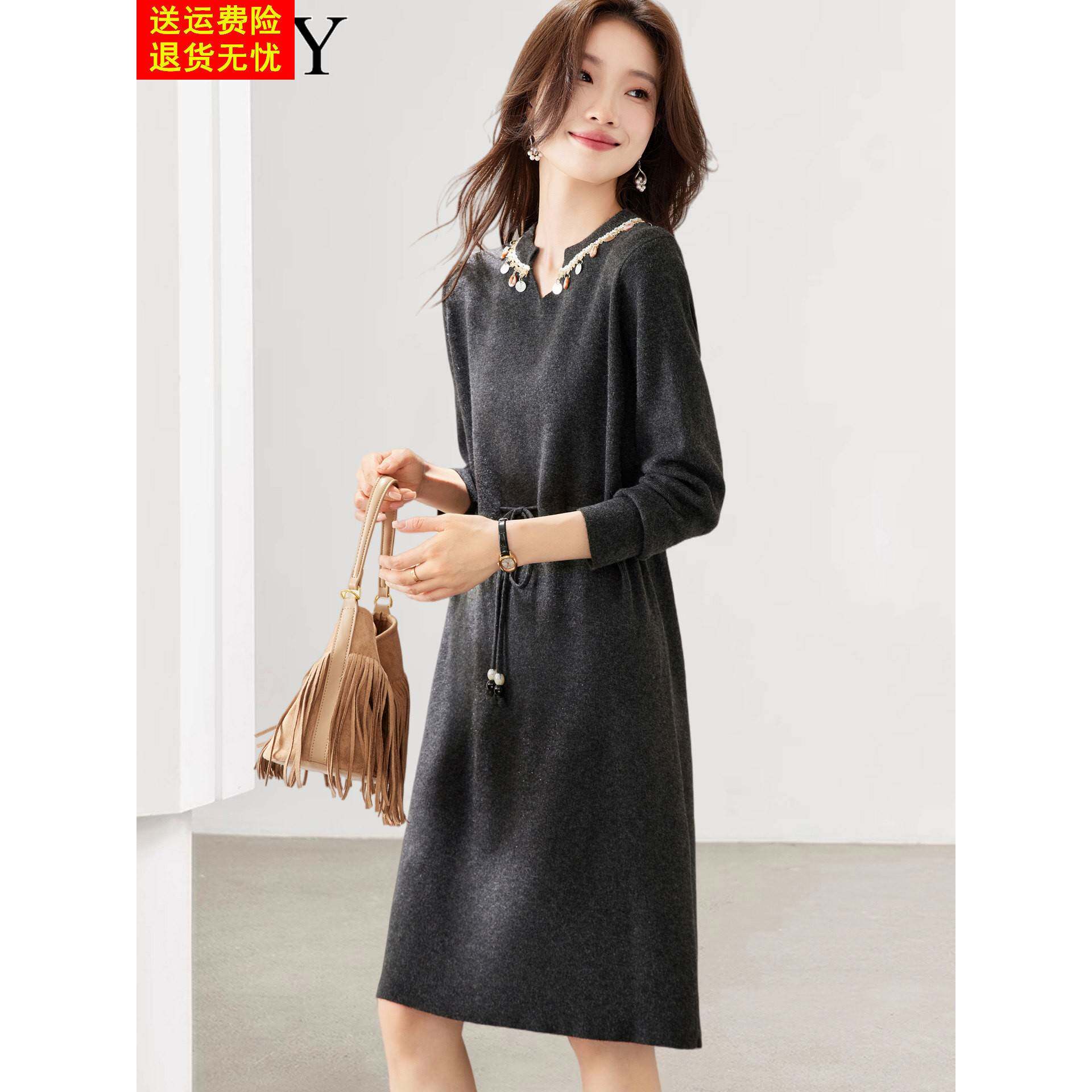 2025冬季新款系带收腰轻熟针织连衣裙中长款打底时髦软糯裙子女装