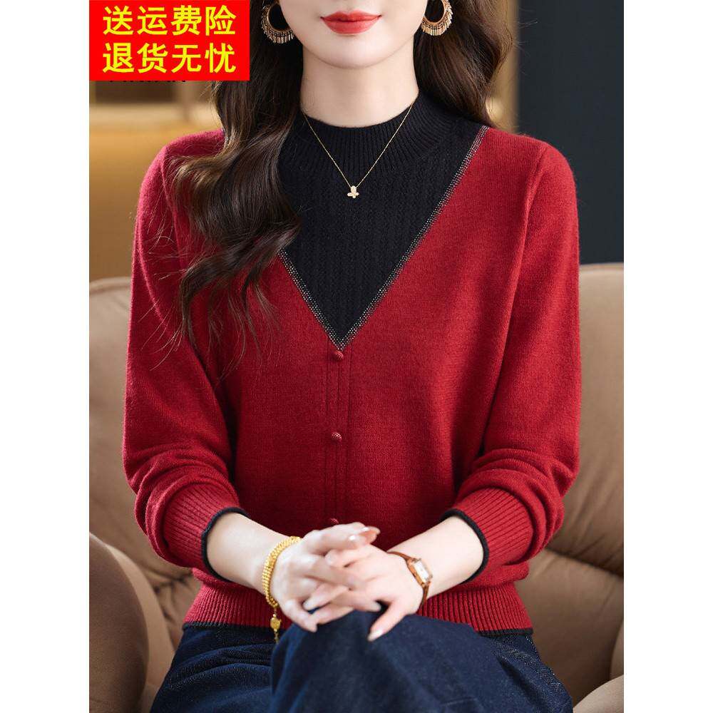 妈妈红色毛衣女秋冬季衣服2025新款中老年冬装半高领内搭打底小衫