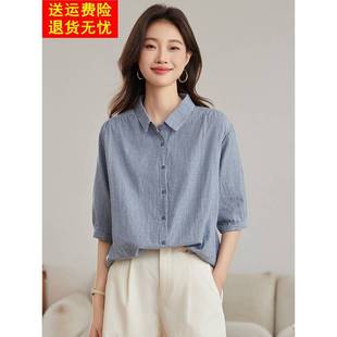 休閑獨特別致小衫 棉麻襯衫 2025夏季 薄條紋純棉亞麻中袖 女短袖 襯衣