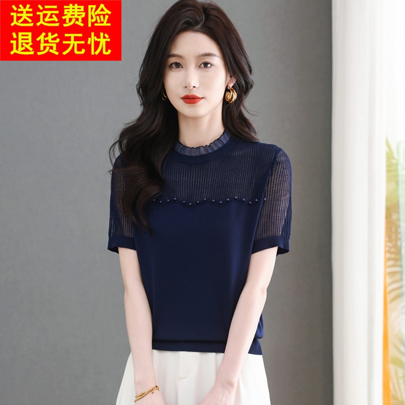 冰丝短袖t恤女士夏季2025新款蕾丝针织衫高端大品牌半袖体恤上衣