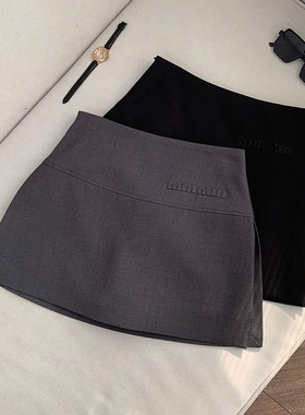 刺绣高腰A字裤裙女装2025新款韩版半身裙百搭显瘦字母灰色短裙子