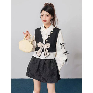 少女风假两件式衬衫女2023秋季新款非正式学院别致独特上衣