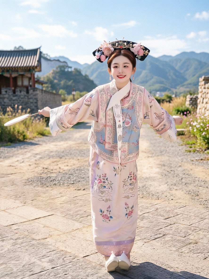 宫廷格格服宫廷格格服宽松延吉公主旗袍格格服四件套印花北京旅拍