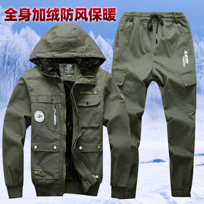 秋冬纯棉加绒套装弹力工作服棉衣