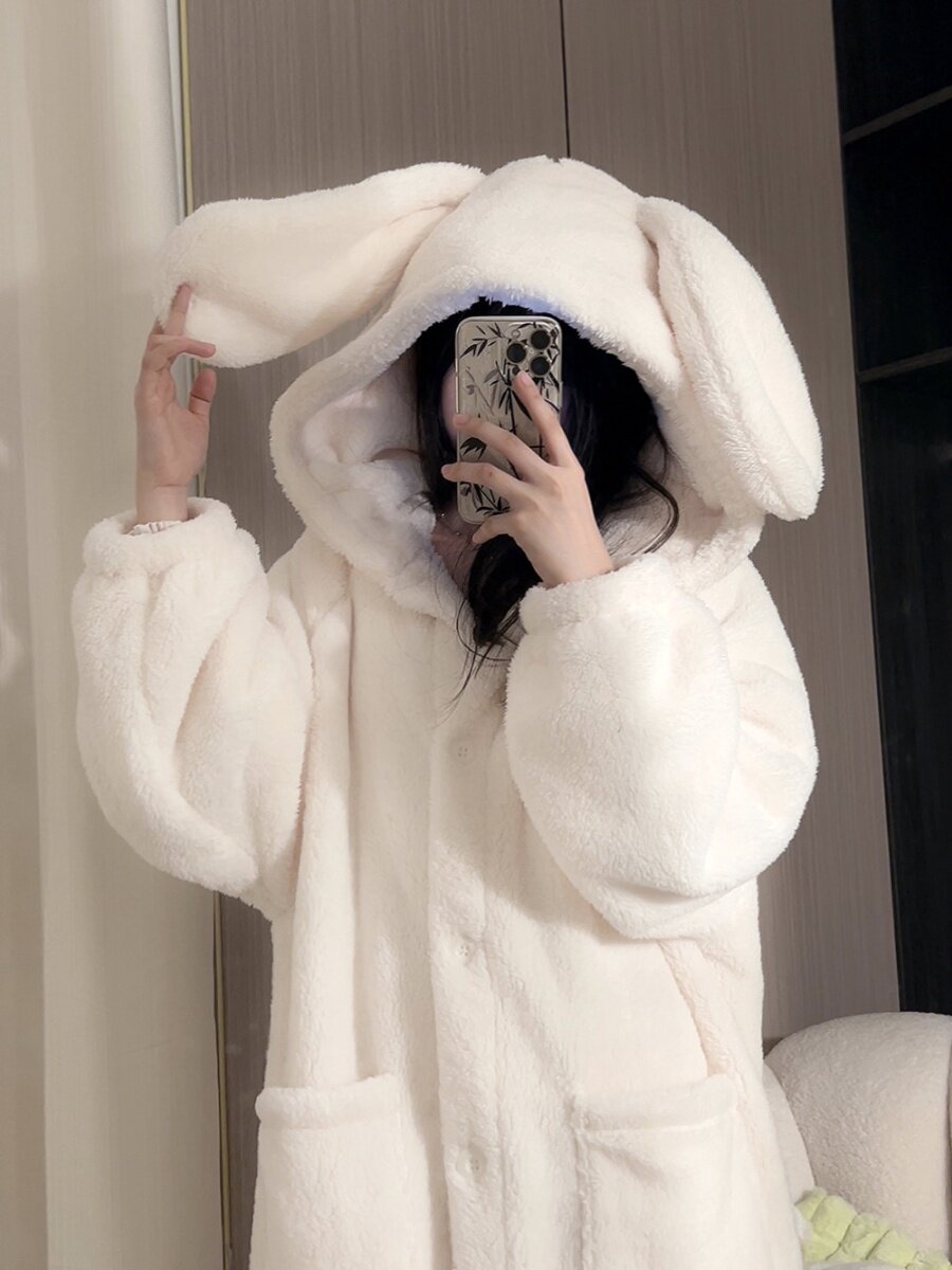 TEENAGE CUTE RABBIT EARS CORAL VELVET PAJAMAS WOMENS WINTER NEW HOODED NIGHTGOWN VELVET PLUSH THICKENED LOUNGEWEAR AUTUMN AND WINTER