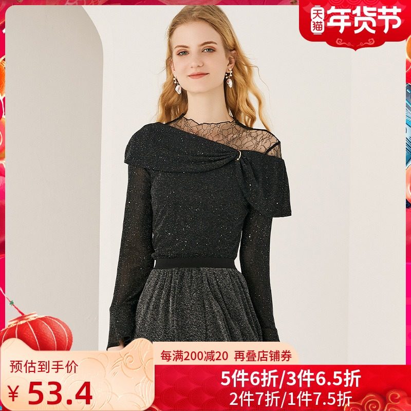 简朵蕾丝雪纺衫女2021秋季新款修身斜肩网纱拼接性感小衫F93112