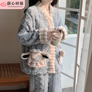 珊瑚绒睡衣女春秋冬季加厚保暖可爱法兰绒家居服公主风套装小狗