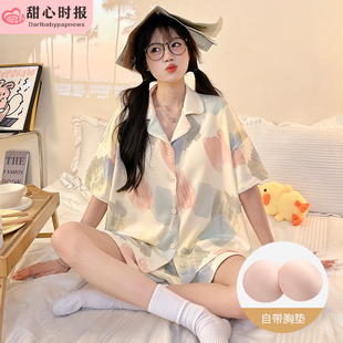 爆款 胸垫睡衣女夏季 涤纶宽松春秋可爱家居服两件套装 薄款 涂鸦 短袖