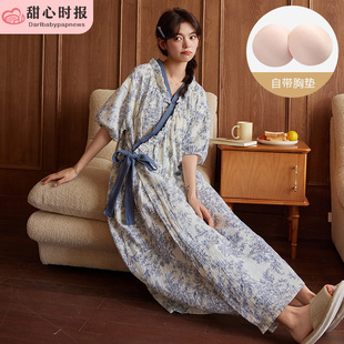 胸垫日系和服夏季睡衣女短袖云朵棉睡袍可爱夏天睡裙春秋家居服