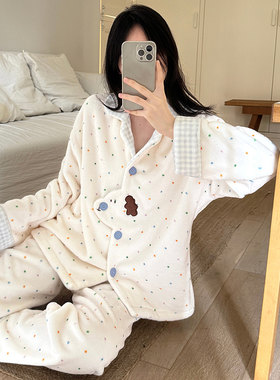 加绒加厚珊瑚绒睡衣女春秋冬季甜美可爱法兰绒家居服公主风套装