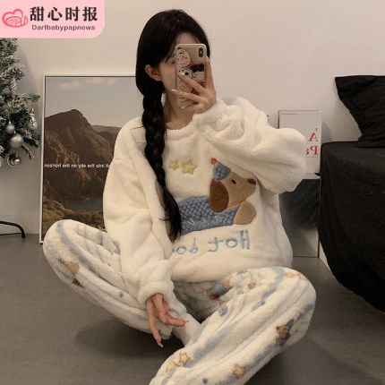 珊瑚绒睡衣女春秋冬季加厚保暖可爱法兰绒家居服公主风套装小狗