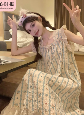 吊带睡裙女款夏季2025新款泡泡棉条纹甜美中长款宽松夏天孕妇睡衣