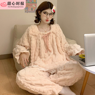 珊瑚绒睡衣女春秋冬季加厚保暖可爱法兰绒家居服公主风套装米色