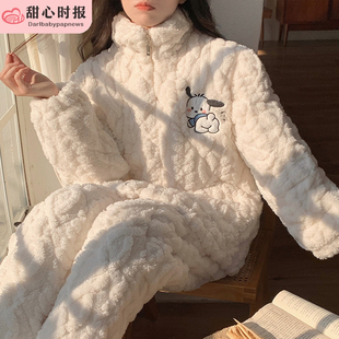 珊瑚绒情侣睡衣女冬季加绒加绒三层夹棉袄秋冬款法兰绒家居服套装