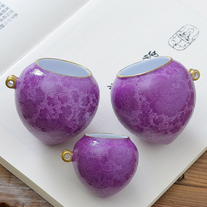 汉缘 景德镇手绘紫色扒花川笼罐画眉罐鸟食罐鸡心罐鸟杯 鸟笼配件