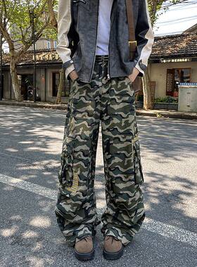 YOKETUDIO美式复古迷彩多口袋工装裤男女情侣宽松直筒休闲裤秋