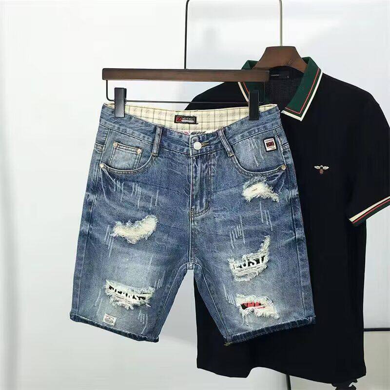 夏季薄款破洞牛仔短裤男士潮牌痞帅乞丐裤潮流直筒修身百搭五分裤