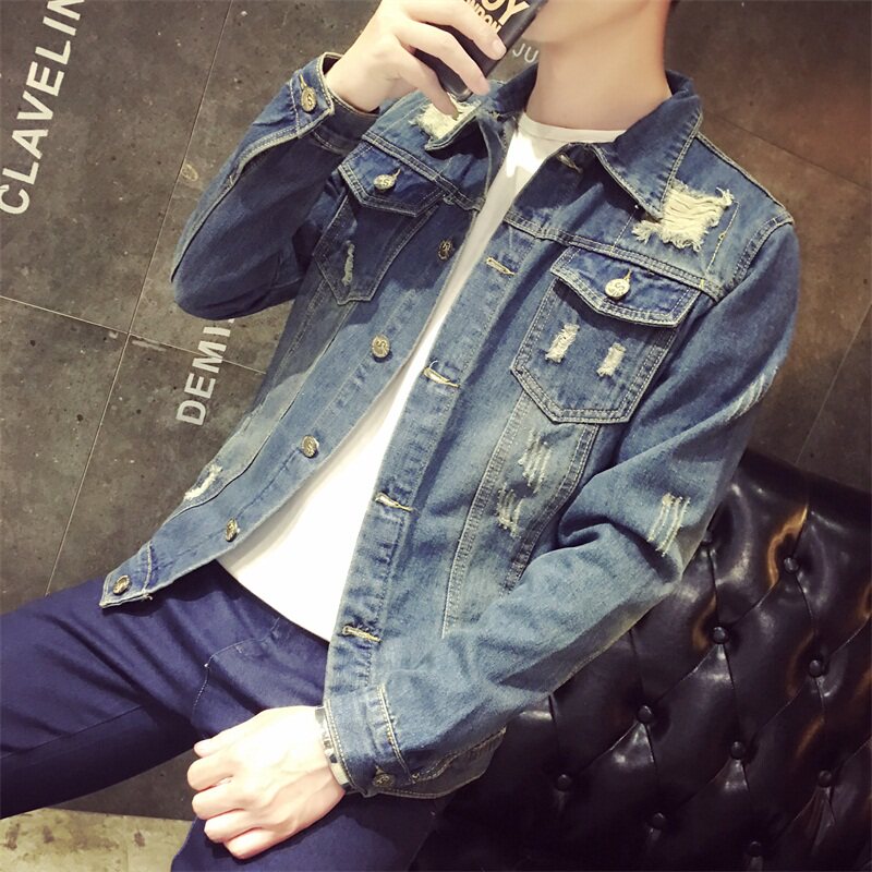 春装新品牛仔外套男韩版修身薄款夹克青年休闲破洞上衣学生短款潮