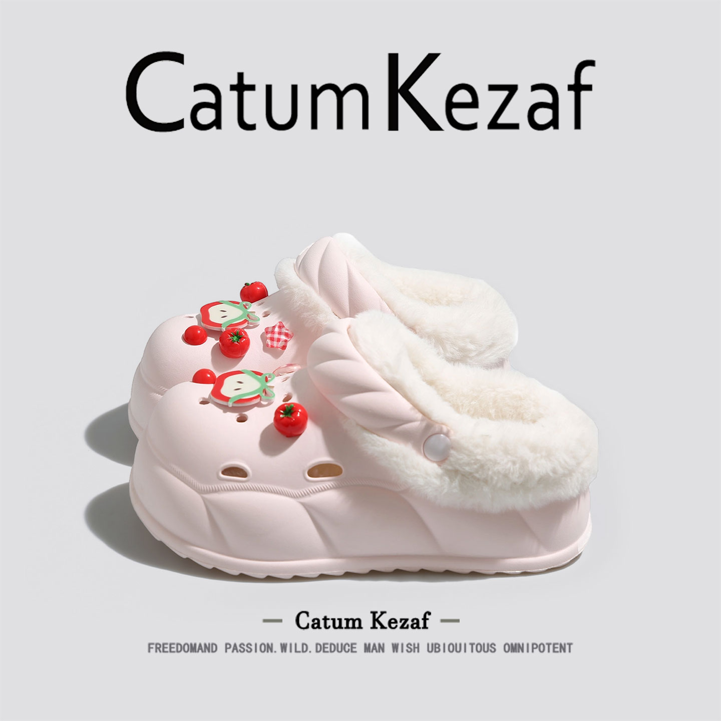 美国CatumKezaf可爱红苹果加绒洞洞鞋女款冬季外穿厚底保暖棉拖鞋