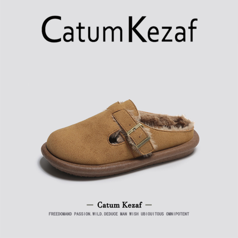 美国CatumKezaf加绒勃肯鞋女2025新款冬季厚底棉拖鞋一脚蹬毛毛鞋