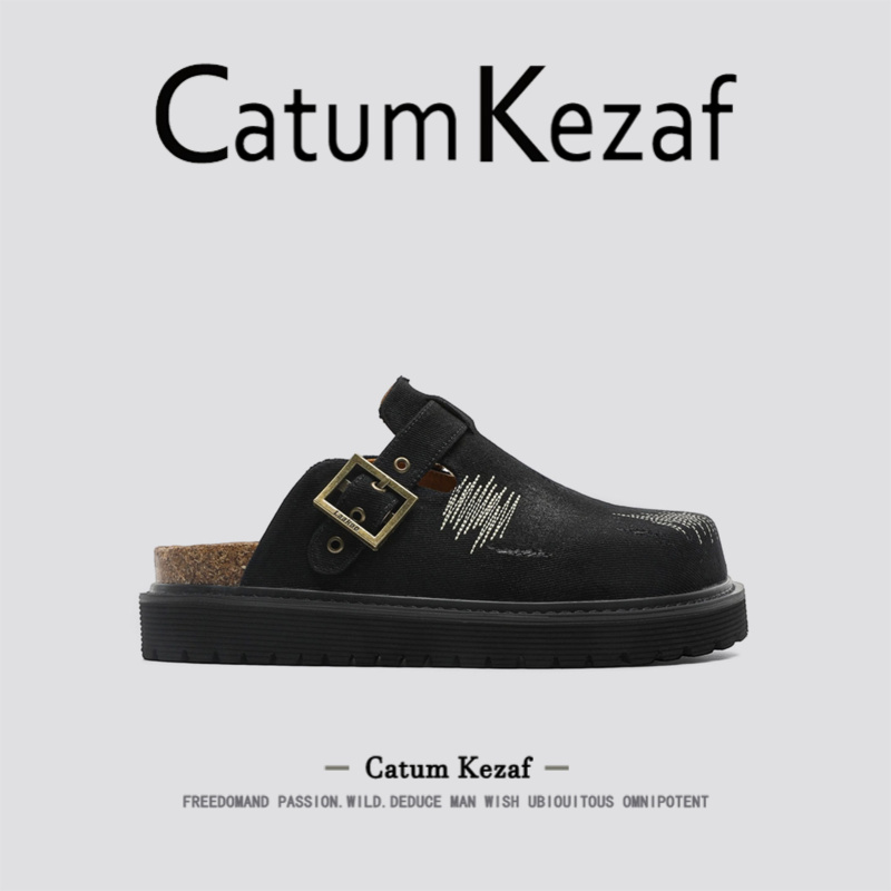 美国CatumKezaf厚底包头勃肯鞋男女秋季高级感半拖鞋黑色休闲鞋