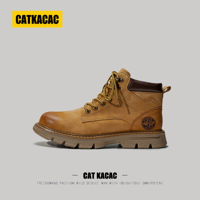美国CATKACAC工装马丁靴男款2025新款美式真皮增高高帮男士大黄靴