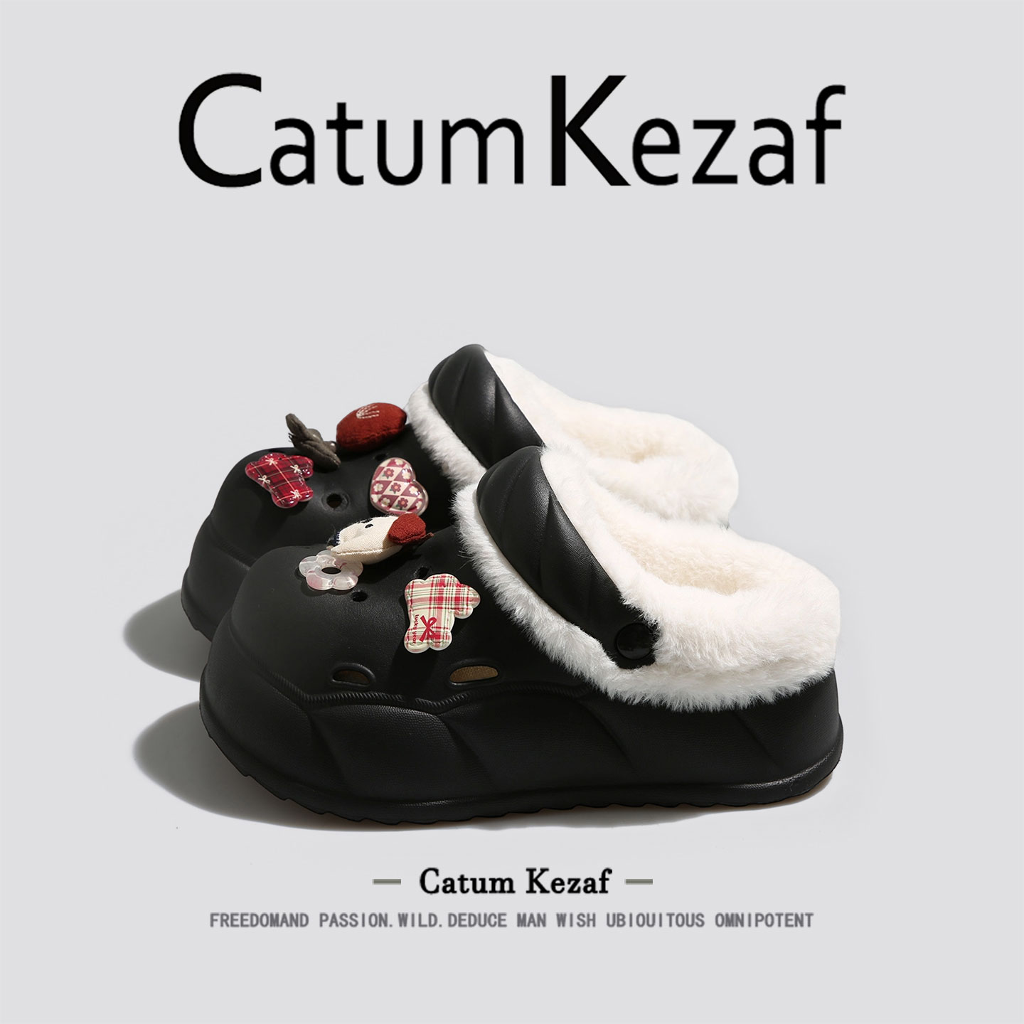 美国CatumKezaf玫瑰小狗加绒洞洞鞋女冬季外穿加绒厚底毛毛棉拖鞋