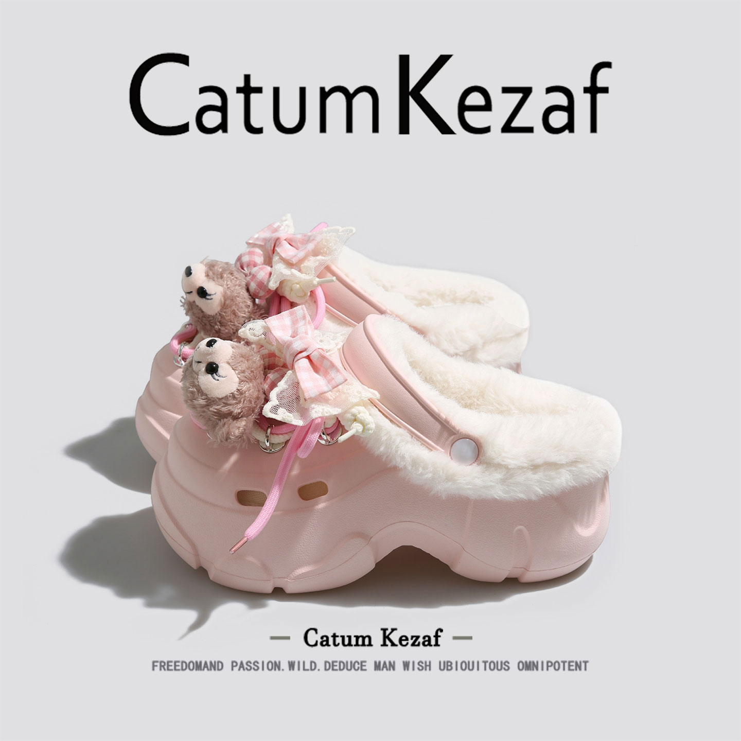 美国CatumKezaf加绒洞洞鞋女款2025新款冬季厚底毛毛鞋外穿棉拖鞋