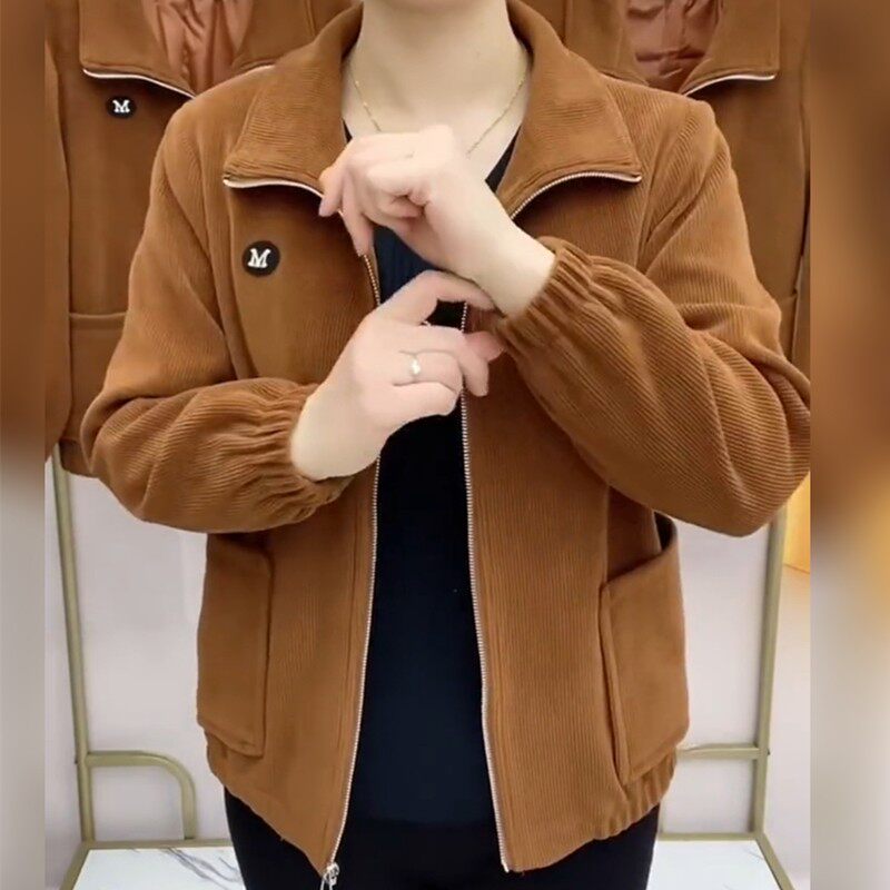 2024新款妈妈春秋外套中年女装灯芯绒夹克中老年春装大码长袖上衣