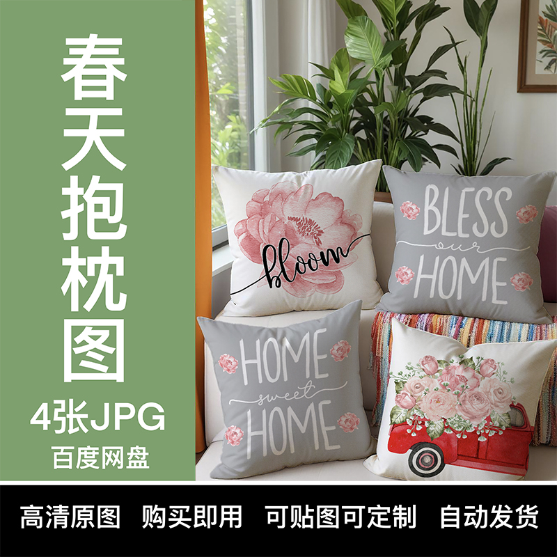 【YIXI素材】TEMU春天抱枕套高清图跨境亚马逊粉色花朵汽车原图