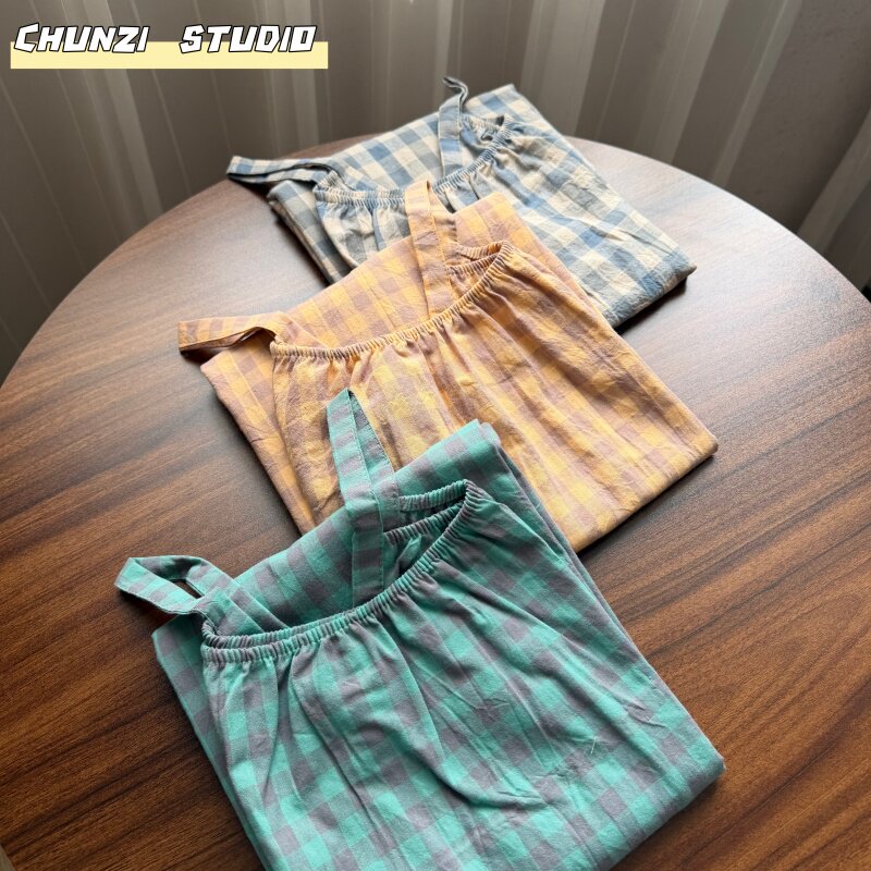 春夏纯棉水洗棉布吊带睡裙女文艺格子日系吊带裙薄款睡衣家居服
