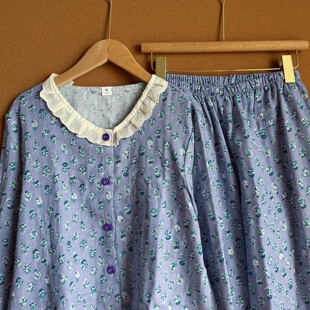 春秋季韩系碎花圆领花边长袖长裤睡衣套装森系甜美宽松家居服女