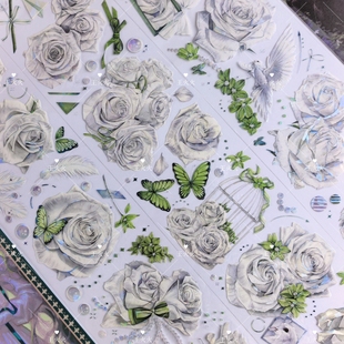 迷雾森林 青黛曲 清新白玫瑰花花咕卡流麻滴胶手帐PET胶带分装