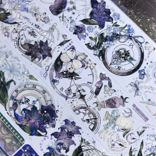 迷雾森林 百合梦钟 黑白百合钟表元素咕卡流麻滴胶手帐PET胶带