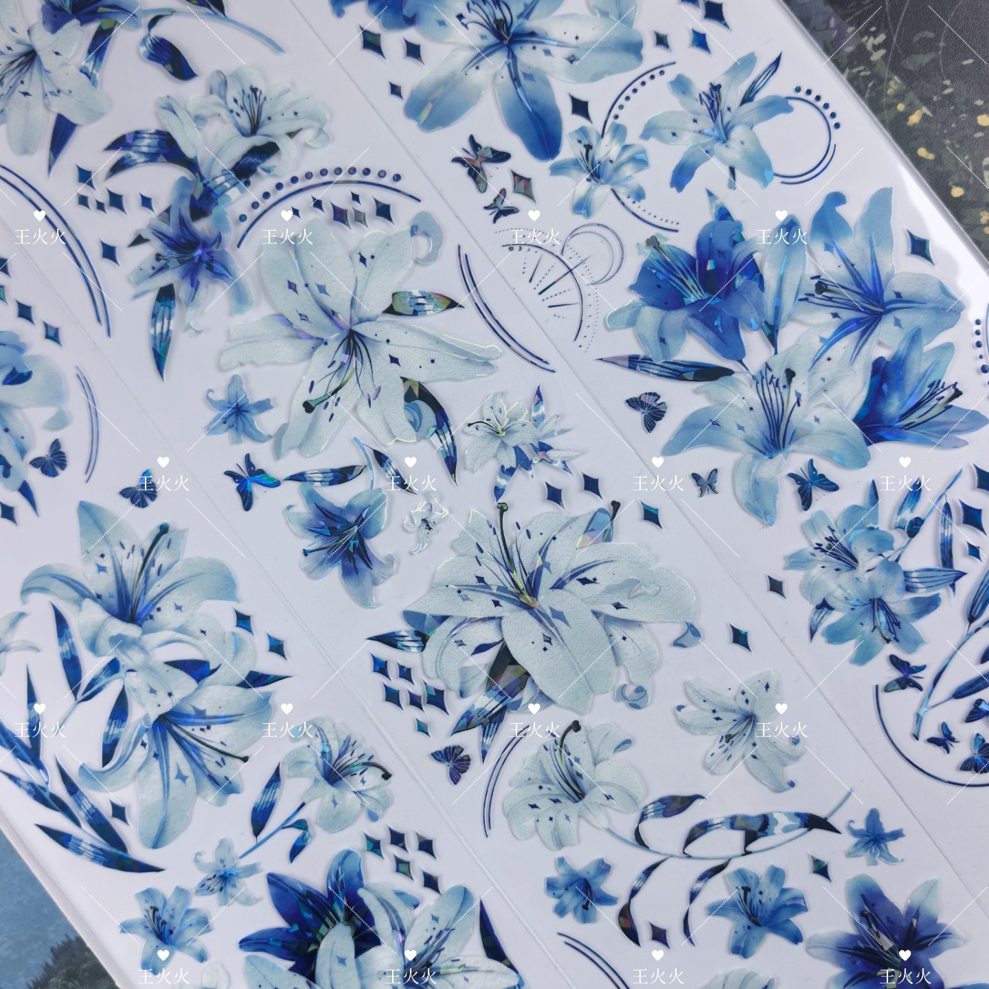 【清仓】新七天 碎冰蓝百合 蓝白百合花咕卡流麻手帐拼贴PET胶带