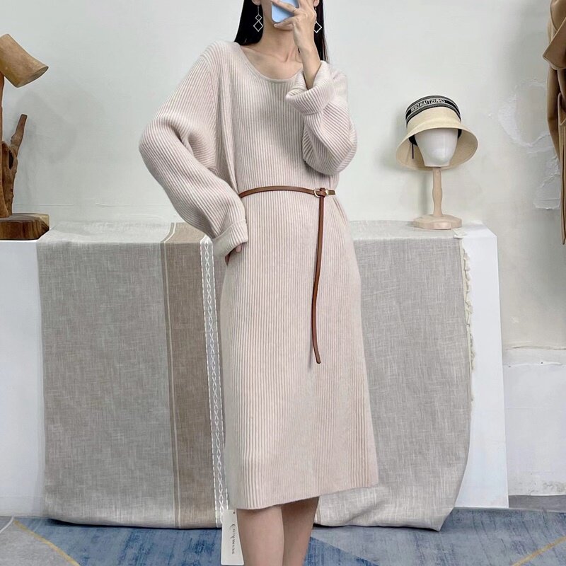 喜羊羊珠地条纹宽松显瘦中长款羊绒连衣裙遮肉过膝女秋冬羊毛裙子