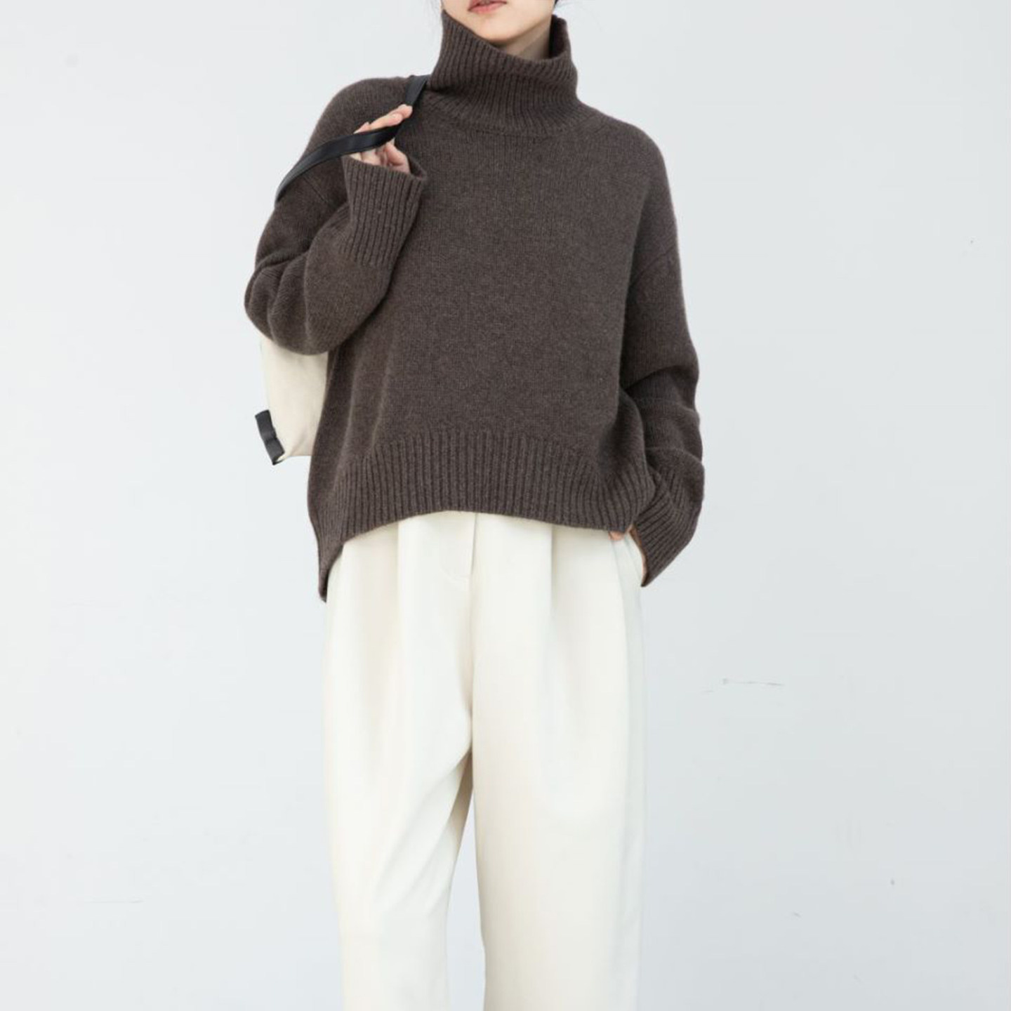 极简风高领套头针织衫女灰色宽松廓形羊绒毛衣秋冬慵懒1232