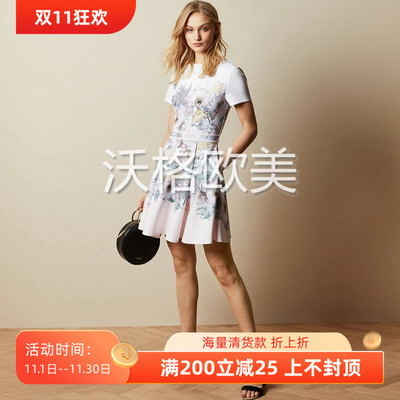 沃格英国TB牌春夏新款粉白拼色淡雅手绘花朵叶印花收腰优雅连衣裙