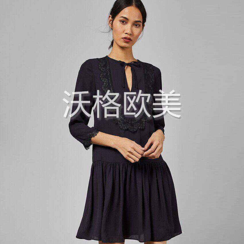 沃格 英国TB牌秋冬新款精致蕾丝花边拼接蝴蝶结系带V领优雅连衣裙