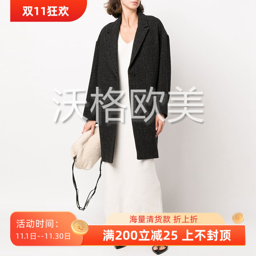 沃格法国IM牌秋冬新款深灰千鸟格纹女驳领宽松廓形羊毛呢外套大衣