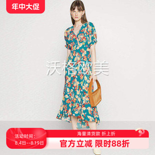 沃格美国D夏季新款柔美撞色花朵印花V领泡泡袖前短后长人丝连衣裙