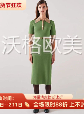 沃格LKB早春新款黑绿2色简约拼色轻薄针织中长包臀气质polo连衣裙