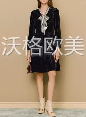 沃格LKB秋冬新款黑白波点真丝蝴蝶结V领显瘦优雅九分袖丝绒连衣裙