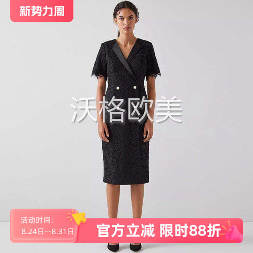 沃格LKB春夏新款黑白红3色西装驳领双排扣优雅钩花蕾丝短袖连衣裙