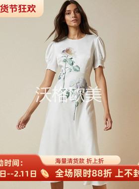 沃格英国TB牌春夏新款清新玫瑰枝叶定位印花暗波点优雅名媛连衣裙