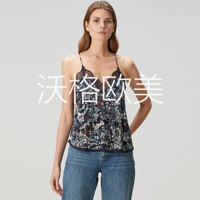沃格ZV早秋新款蝴蝶抽象艺术印花蕾丝拼接女法式性感人丝吊带背心