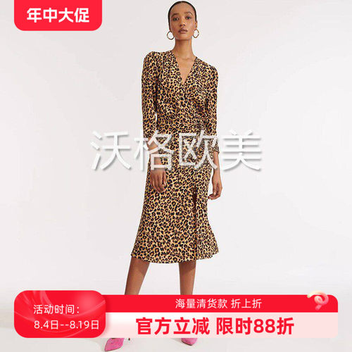 沃格美国VB牌早春新款经典豹纹印花性感褶皱侧开衩围裹真丝连衣裙