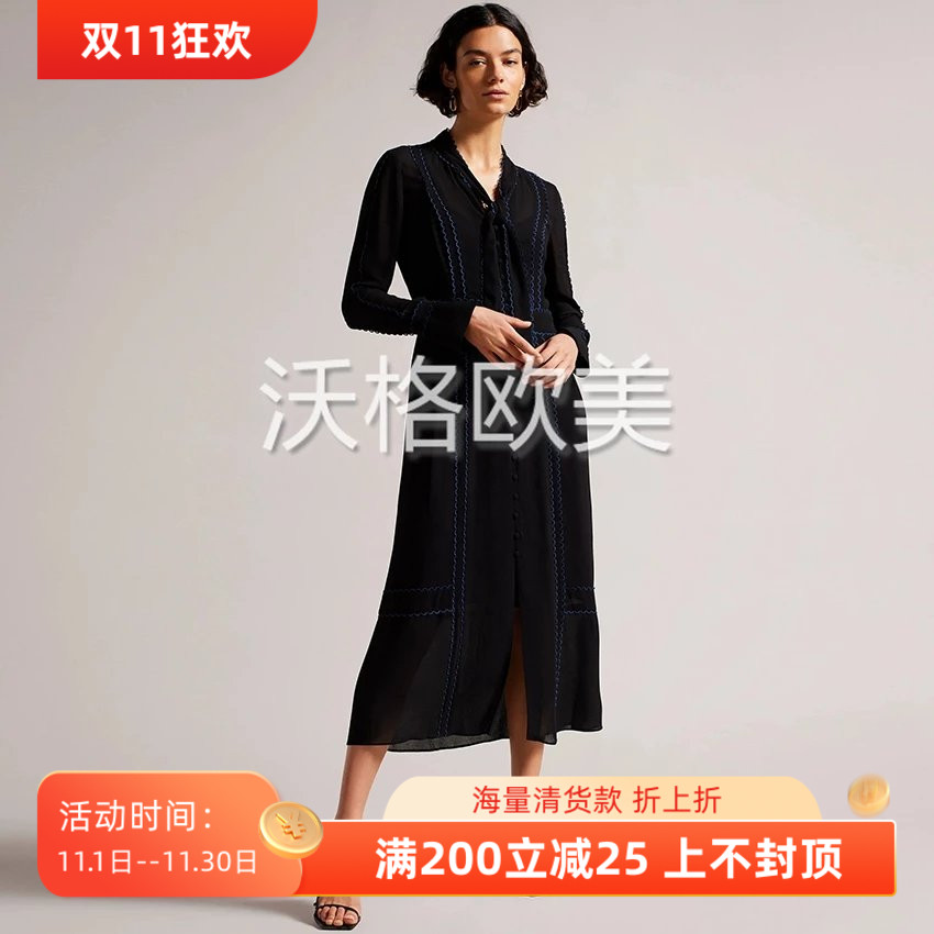 沃格TB秋季新款精致重工黑蓝刺绣蕾丝花边饰两件套飘逸中长连衣裙